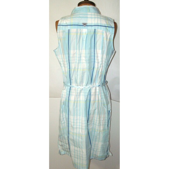 NWT New Womens Columbia White Blue Plaid Dress PFG M Slits Pockets Cotton Logo - Picture 8 of 9
